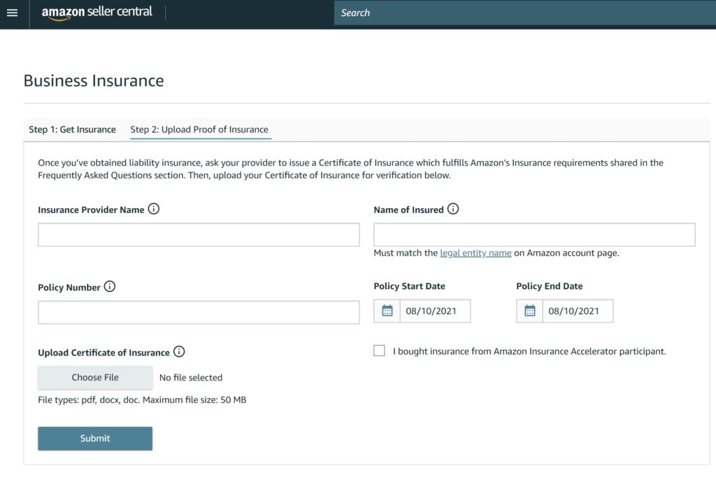 upload liability insurance Amazon